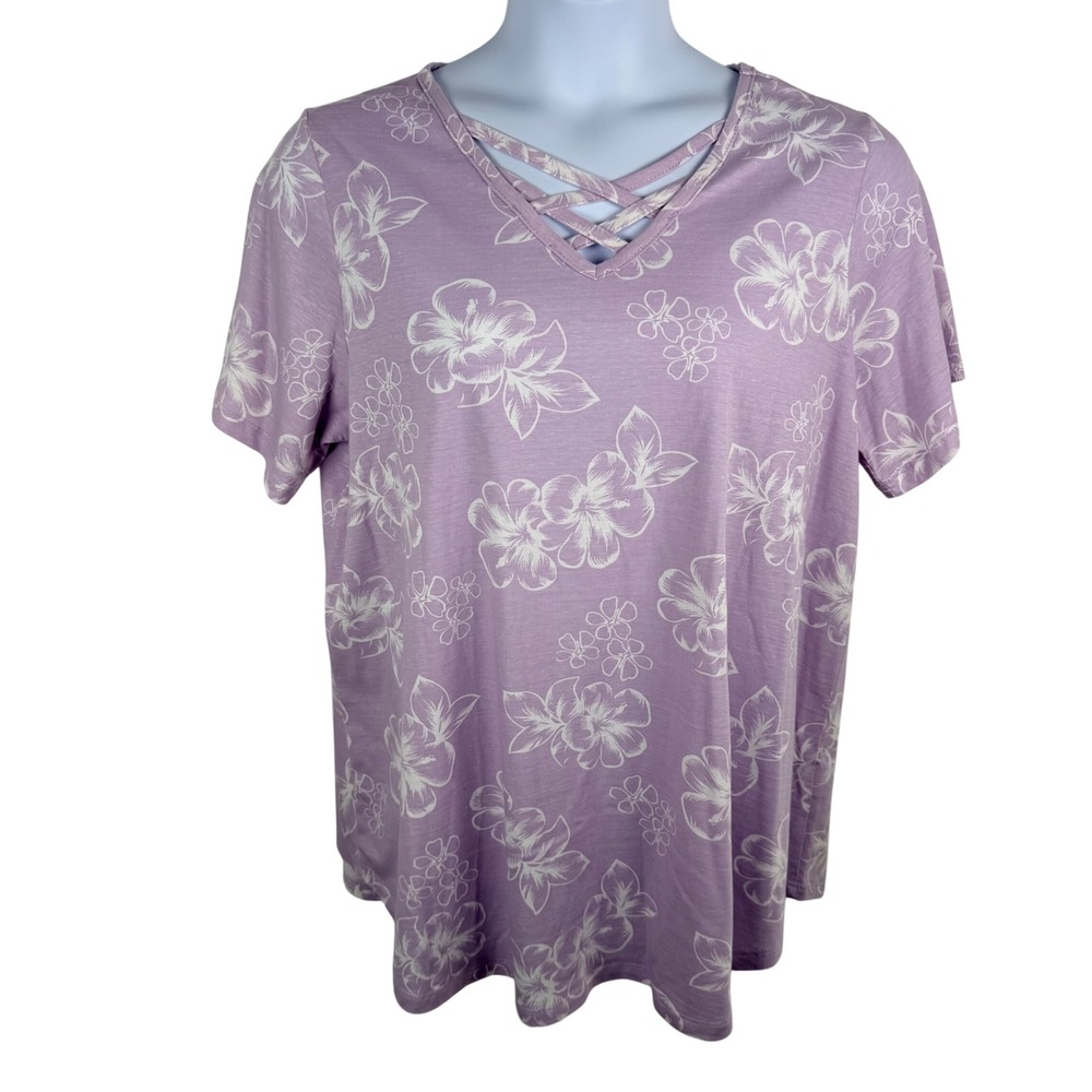 Woman Within Tee L 18/20 Lavender Hibiscus Floral Lattice V-Neck Short Sleeve